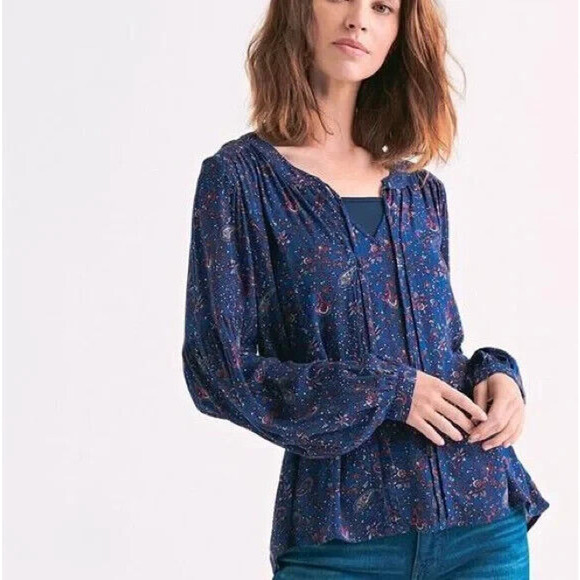 Lucky Brand Peasant Paisley Print Boho Popover Blouse Navy Blue Women's XS - Picture 1 of 4